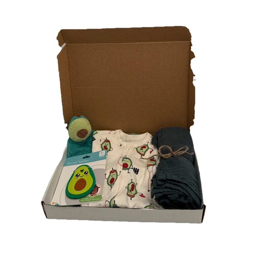 Unisex Baby Shower Newborn Avocado Theme Present, PJ's, Lovey, Blanket & Teether